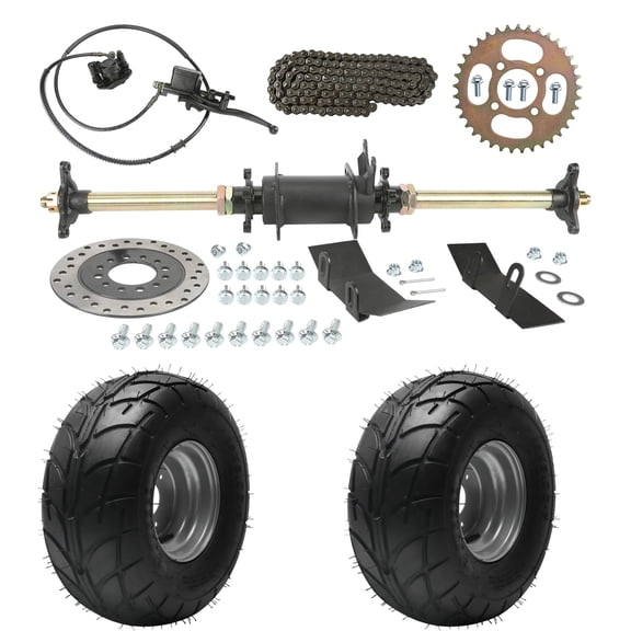 28" Rear Axle Kit with Hand Brake Assembly, 420 Chain Sprocket, Brake Disc, 3 Stud Wheel Hubs, 16x8-7 Street Wheels for 70cc 110cc 125cc 150cc ATV Quad Buggy 4 Wheelers Taotao Go Kart Upgrade Kit