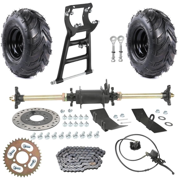 28" Rear Axle Kit with Rear Swingarm Frame Bracket, Brake Disc, 3 Stud Wheel Hubs, 420 37T Sprocket, Chain, Hand Brake Assembly & 145/70-6 Tires for 110cc 125cc 150cc ATV Quad Go Kart Buggy 4 Wheeler