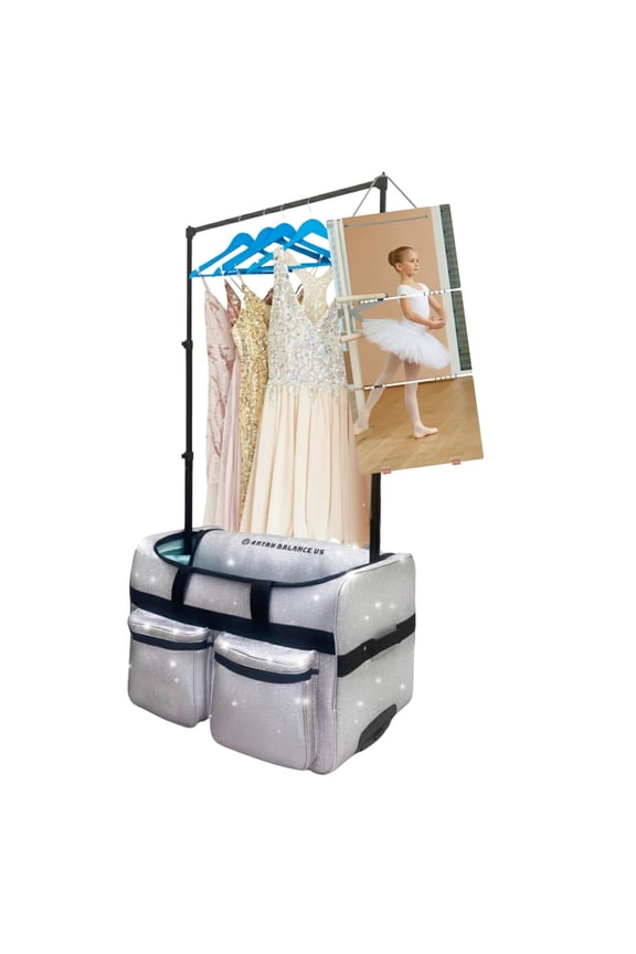 28 Rolling Dance Trolley Bag With Garment Rack & Foldable Mirror Wheeled Upright Duffel Travel Suitcase for Shows & Competitions (Sparkling Silver)
