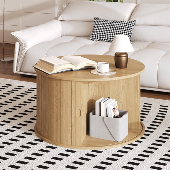 28" Round Mid Century Modern Coffee Table with Storage – Fluted Accent Design – Sliding Round Drum Table Door – Quick Assembly – Ideal for Living Room – Wild Oak