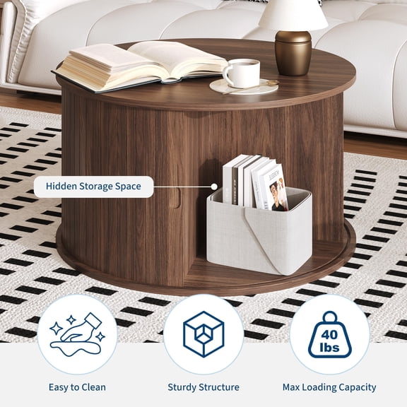 28" Round Modern Fluted Wood Coffee Table with Storage – Curved Sliding Round Drum Table Door – Open Shelf – Quick Assembly – Perfect for Living Room – Dark Walnut