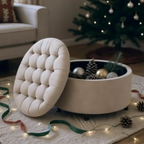 28" Round Ottoman, Modern Ottoman with Storage, Tufted Upholstered Footstool with Wooden Legs, Round Coffee Table w/Removable-Top, Chenille Footrest for Living Room, Bedroom, Apartment, White