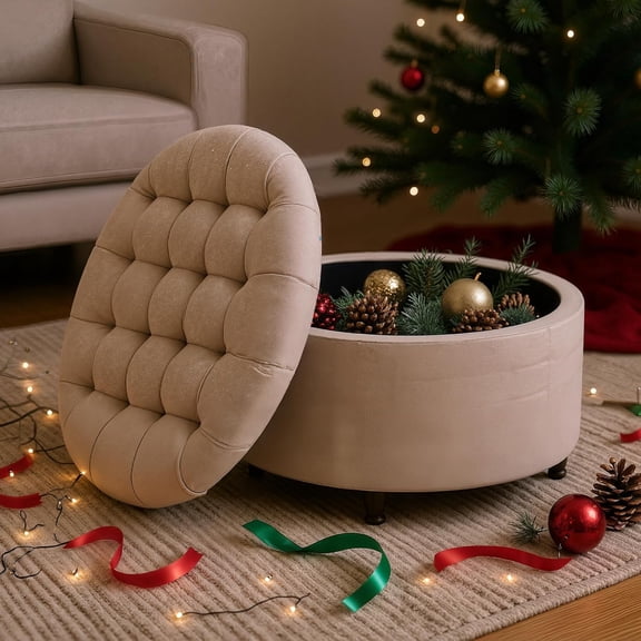 28" Round Ottoman, Modern Ottoman with Storage, Tufted Upholstered Footstool with Wooden Legs, Round Coffee Table w/Removable-Top, Chenille Footrest for Living Room, Bedroom, Apartment, Brown