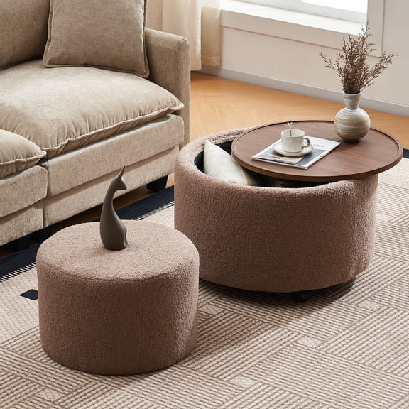 28" Round Storage Ottoman Set of 2 with Wheels, Solid Wood Removable Lid, Multifunctional Foot Rest & Coffee Table for Living Room Bedroom, Brown