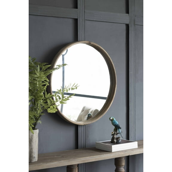 28" Round Wood Mirror, Wall Mounted Mirror Home Decor for Bathroom Living Room
