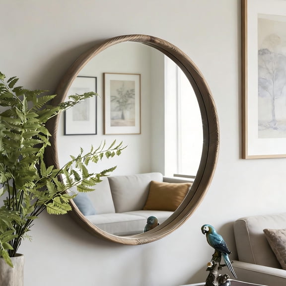 28" Round Wood Wall Mirror, Wall Mounted Decorative Mirror for Bathroom & Living Room Home Decor