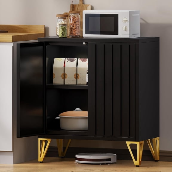 28" Sideboard Buffet, Modern Buffet Storage Cabinet with Adjustable Shelf, Metal Accent Console Credenza for Living Room, Kitchen, Dining Room, Black