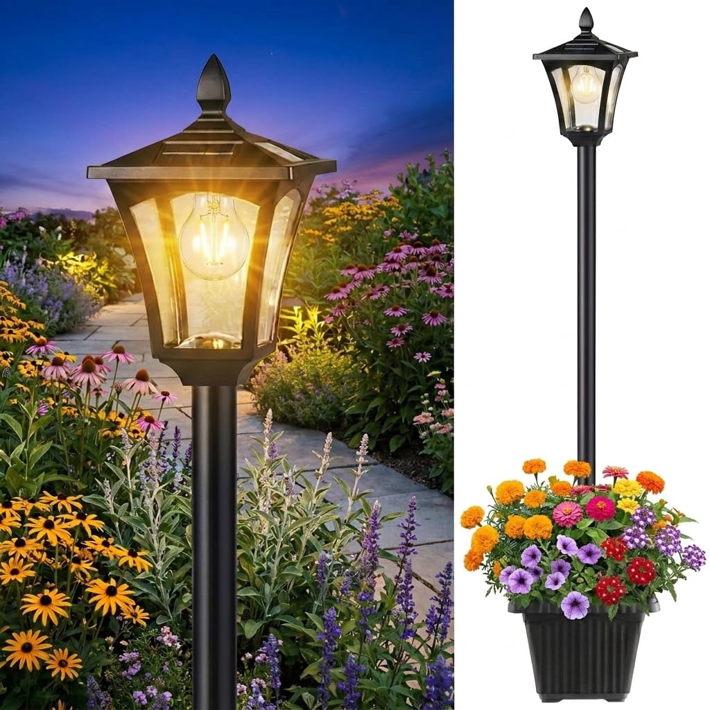 28" Solar Lamp Post Lights with Planter, Glass & Metal Street Light Outdoor Waterproof, 60 Lumens Dusk to Dawn Solar Pole Light for Garden, Yard, Driveway, Porch