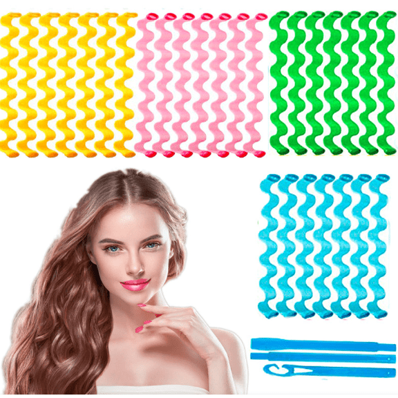 28 Spiral No-Heat Wave Curlers Kit with Styling Hooks for Versatile Hairstyles, No Heat (45 cm, Assorted Colors)