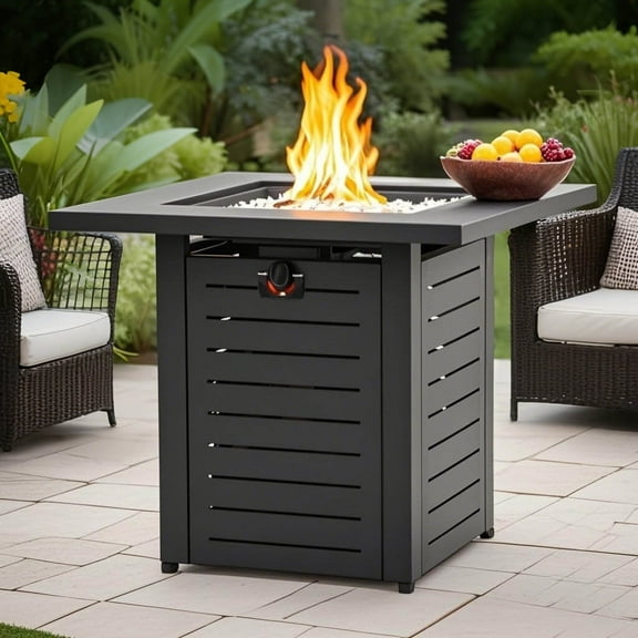 28" Square 50000 BTU Propane Gas Fire Pit Table with Glass Beads, Metal Lid and Protective Cover