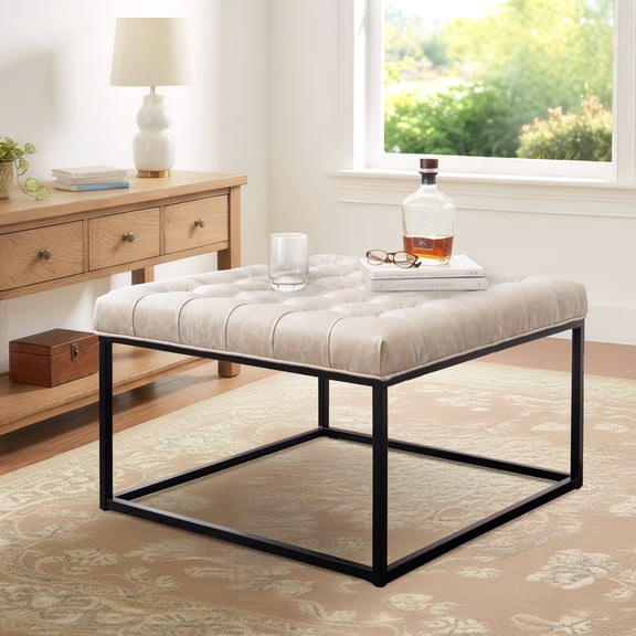28" Square Button Tufted Metal Ottoman with Multiple Fabric Options