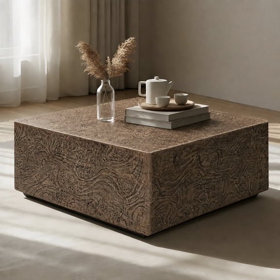 28" Square MGO Coffee Table – Durable Construction, Spacious Tabletop,Warm Brown Burl