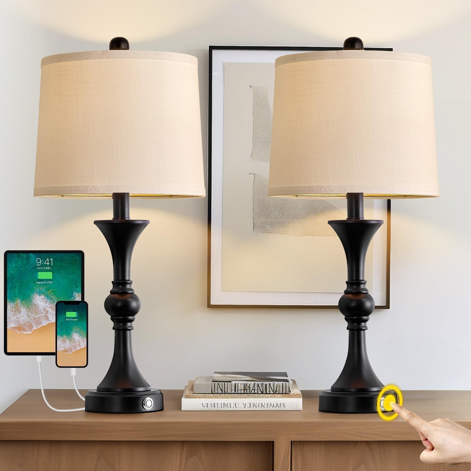 28" Table Lamps for Living Room Set of 2, Bedside Lamps with 3 Way Dimmable Touch Lamps for Nightstand Bedroom Farmhouse Lamp End Table Lamp with USB Charging Port