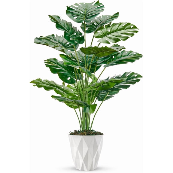 28" Tall Fake Plants Large Artificial Monstera Faux Potted Indoor with White Pot for Home Office Living Room Decor