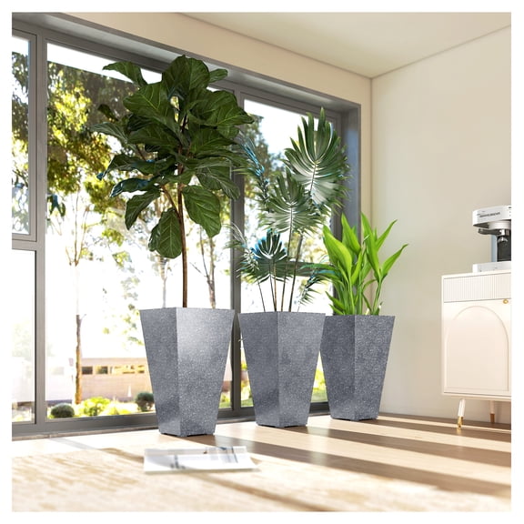 28" Tall Planters, Set of 3 - Gray Marble Finish Plastic Flower Pots, Stackable, with Drainage