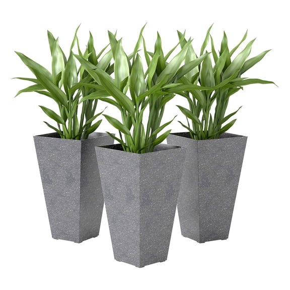 28" Tall Planters - Set of 3, Gray Marble Finish Plastic Flower Pots with Drainage, Stackable Tapered Pots for Indoor Outdoor Plants
