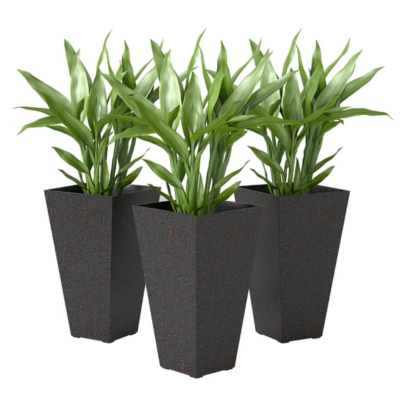 28" Tall Planters - Set of 3, Marble Finish Plastic Flower Pots, Stackable, with Drainage - Brown