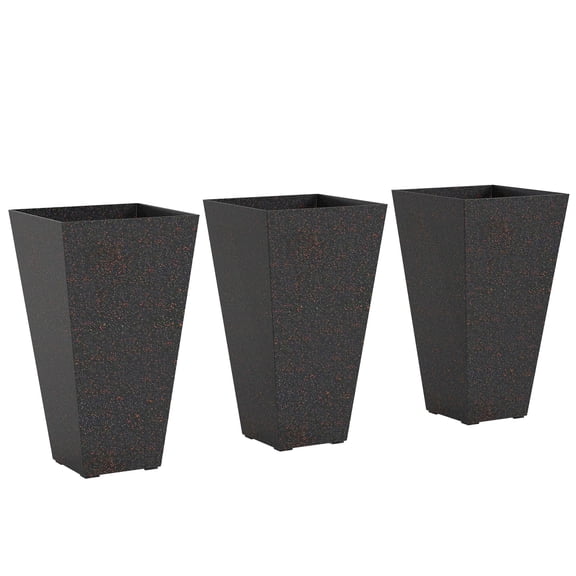 28" Tall Planters, Set of 3 Plastic Flower Pots with Marble Finish and Drainage Holes, Stackable Taper Planters, Brown