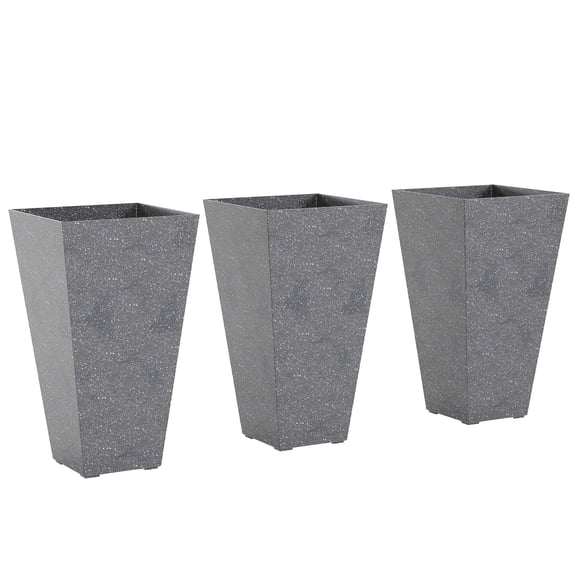 28" Tall Planters, Set of 3 Plastic Flower Pots with Marble Finish and Drainage Holes, Stackable Taper Planters, Gray