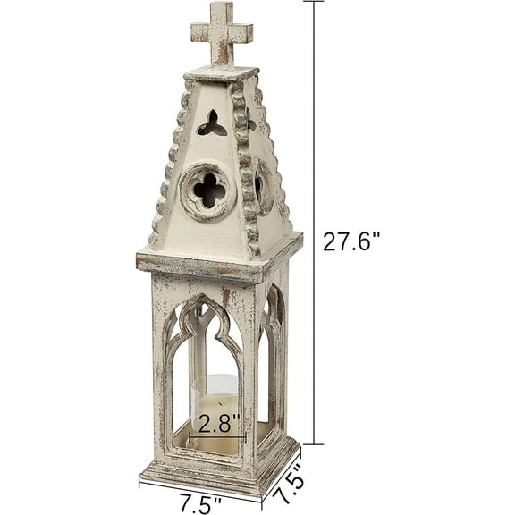 28" Tall Wooden Lantern Decorative Rustic, Vintage Church Decorative Candle Lantern, Distressed White Farmhouse Hurricane Candle Holder Floor Candle Holders for Garden Indoor Outdoor Wedding Home