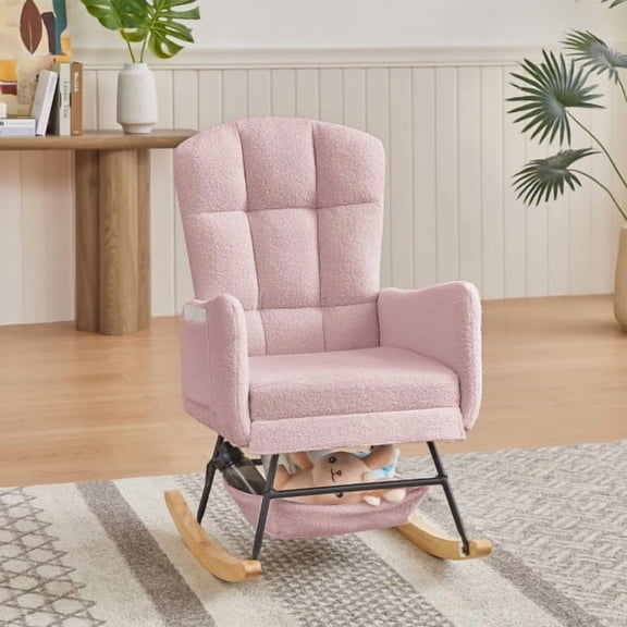 28" Teddy Modern Accent Chair, Comfy Reading Chair with Rocking, Modern Minimalist Sofa Chair with Metal Frame for Living Room Reading Corner, Pink