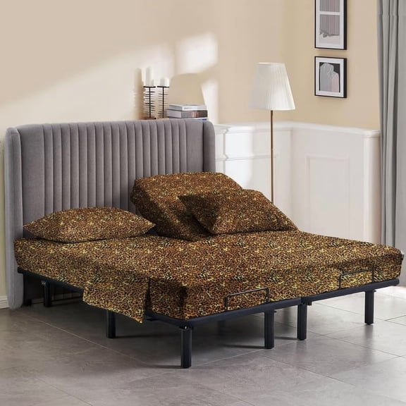 28" Top Split Head Sheets, 600-TC Egyptian Cotton 4-Piece King Split Head Sheet Set, 9–12 Inch Deep Pocket, Leopard Print