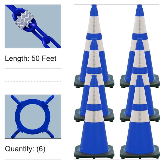 28" Traffic Blue Reflective Traffic Cones and Reflective Chain Kit