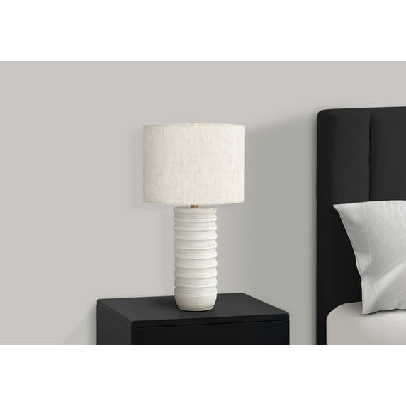 28" Transitional Table Lamp – Textured Cream Resin Cylinder Base, Ivory Linen Shade, Gold Finial, 3-Way Switch (100W) – Elegant Lighting for Living Room or Bedroom