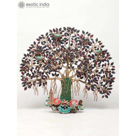 28" Tree of Life with Perched Birds | Brass With Inlay Work | Wall Hanging