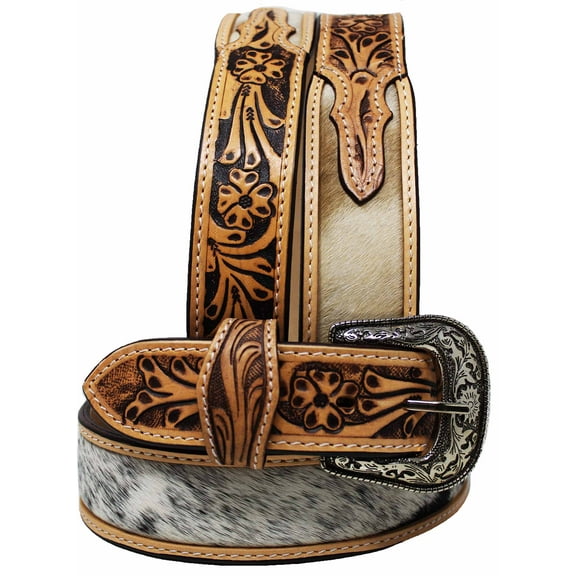 28  Unisex 1-3/4"  Western Hairon Tooled  Full-Grain Leather Belt 26RT60T