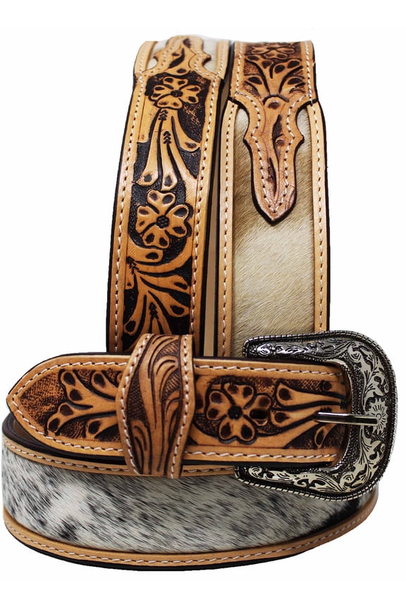 28  Unisex 1-3/4"  Western Hairon Tooled  Full-Grain Leather Belt 26RT60T