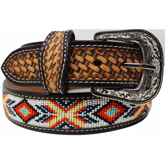 28 Unisex 1.5" Western Beaded Tooled Full-Grain Leather Belt 26RTW25C
