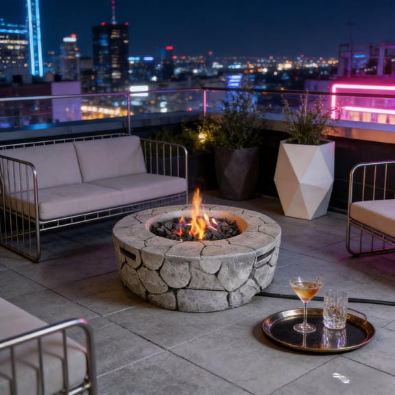 28''W x 9.5''H Stone Gray Fiber Reinforced Concrete Outdoor Fire Pit, 40000 BTU Push-Button Ignition