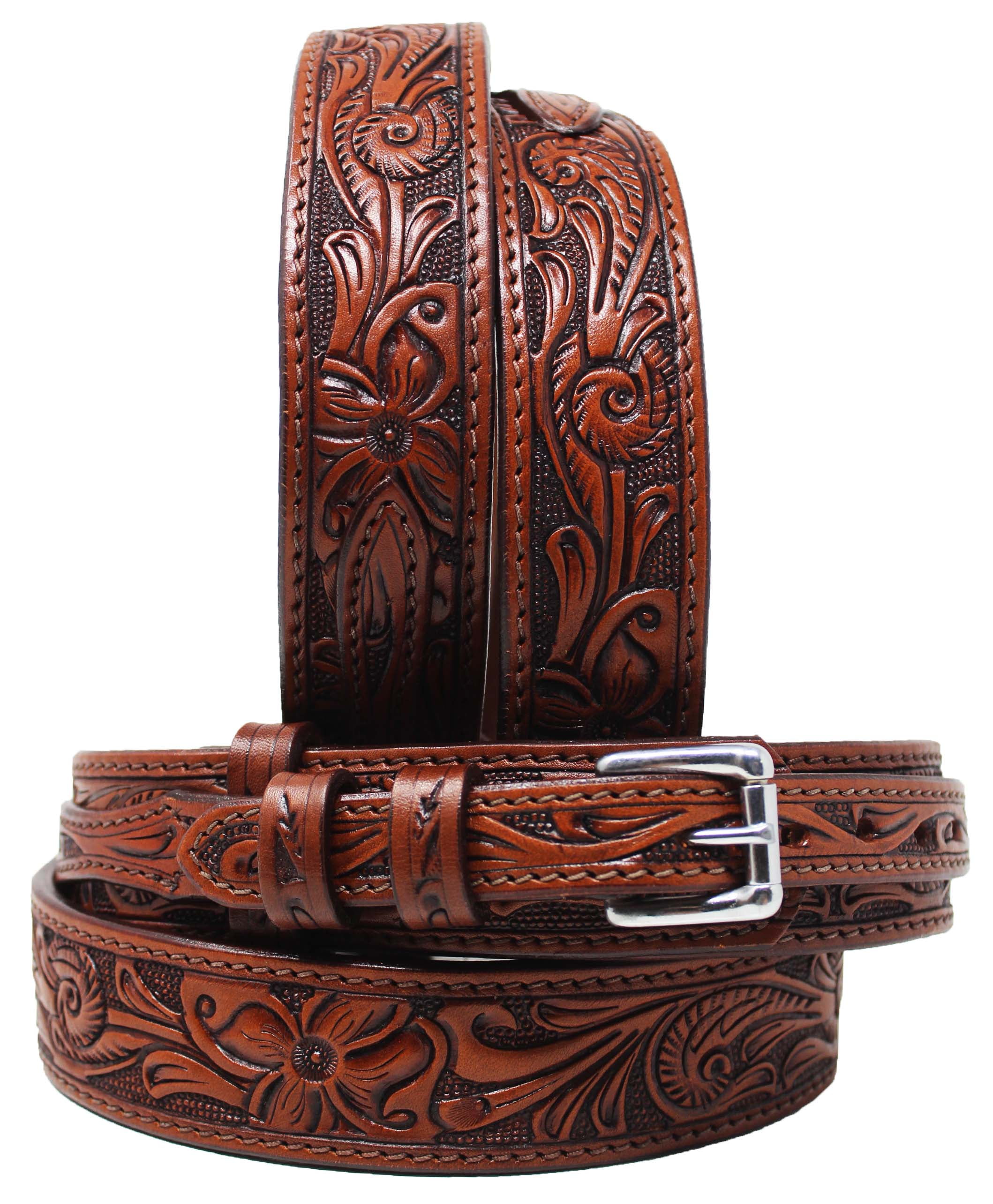 Vintage Ranger Style Tooled Genuine Saddle Leather Western Floral Womens Sz 30 Genuine Full Grain Leather Floral Tooled Engraved Western  main image 2