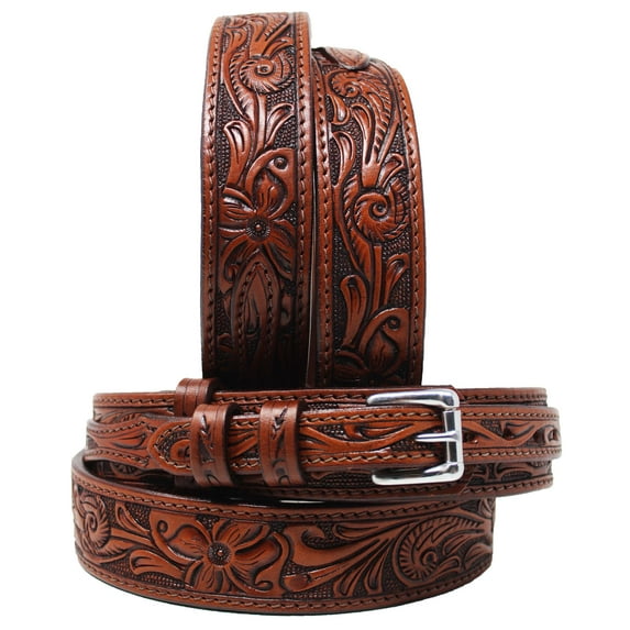 28" Western 1-1/2" Floral Tooled Ranger Full-Grain Brown Leather Belt 26RS04R