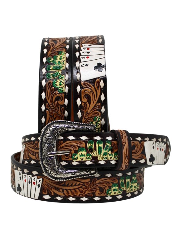28" Western 1-1/2" Floral Turquoise Cowhide Filigree Brown Leather Belt 26FK86
