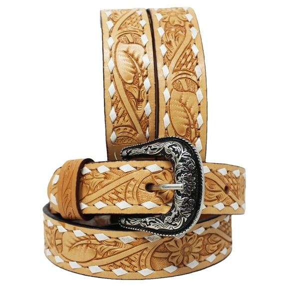 28 Western 1 1/4" Wide Kids Youth Rodeo Floral Tooled Leather Belt 26FK17C