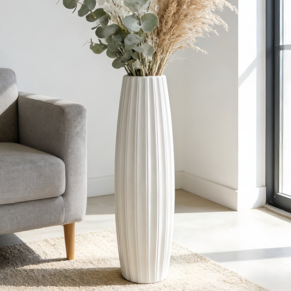 28" White Ceramic Tall Vase, Sleek Floor Large Vase for Pampas Grass and Modern Home Décor