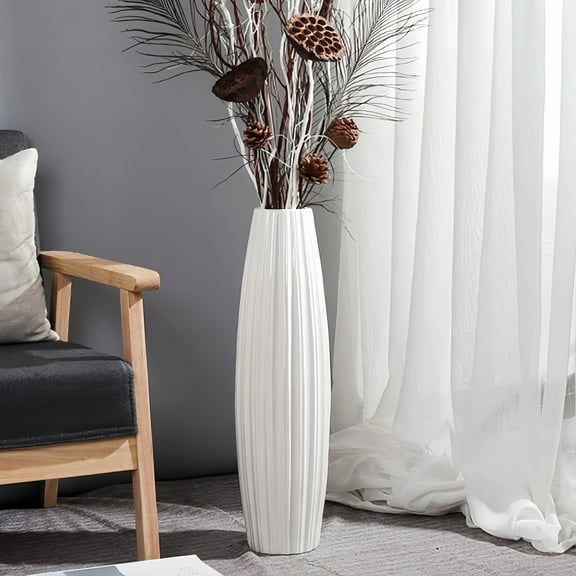 28" White Ceramic Tall Vase, Sleek Floor Large Vase for Pampas Grass and Modern Home Décor