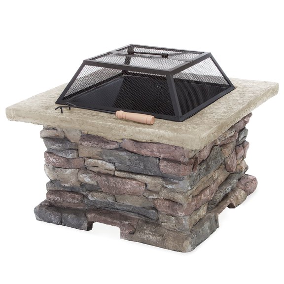 28'' Wood Burning Fire Pit Table, Outdoor Fire Pit with Spark Screen & Fire Poker, Mesh Cover for Warming, Party, BBQ