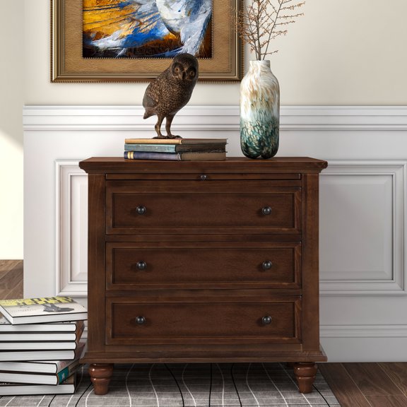 28" Wood Nightstand with 3 Storage Drawers and Round Handle, Farmhouse Bedside Tables with 4 Tapered Legs and Pull Out Tray, Sofa Side Cabinet for Living Room, Bedroom, Brown