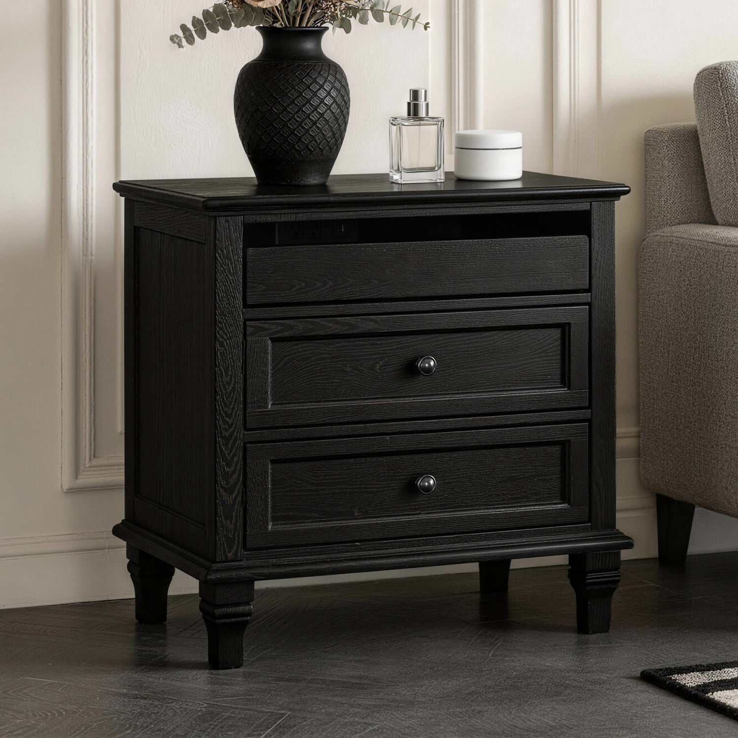 28" Wood Nightstand with Charging Station, Farmhouse Bedside Table with 3 Drawers, USB & Type-C Ports, Storage End Table for Bedroom Living Room Office, Black