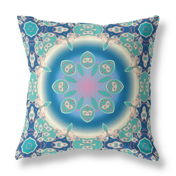 28" X 28" Blue And Turquoise Broadcloth Floral Throw Pillow