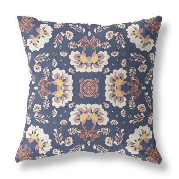 28" X 28" Blue And White Broadcloth Floral Throw Pillow