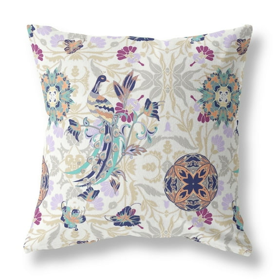28" X 28" White And Purple Broadcloth Floral Throw Pillow