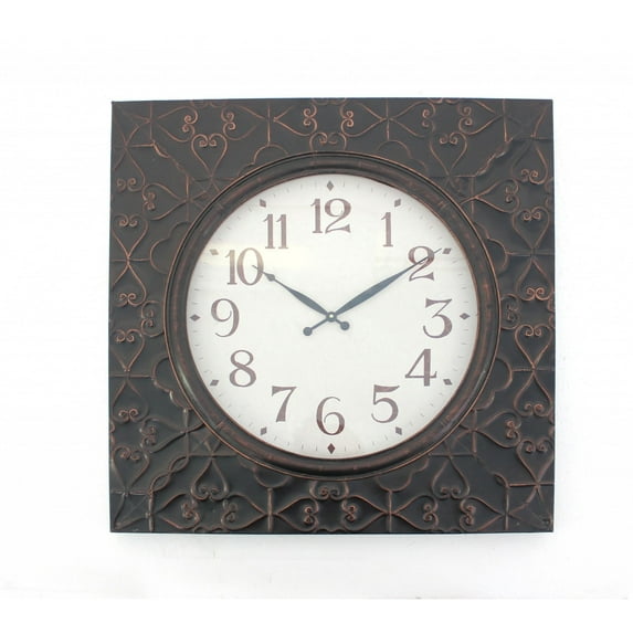 28 X 28 X 2 Brown Vintage Square Brass Metal Wall Clock