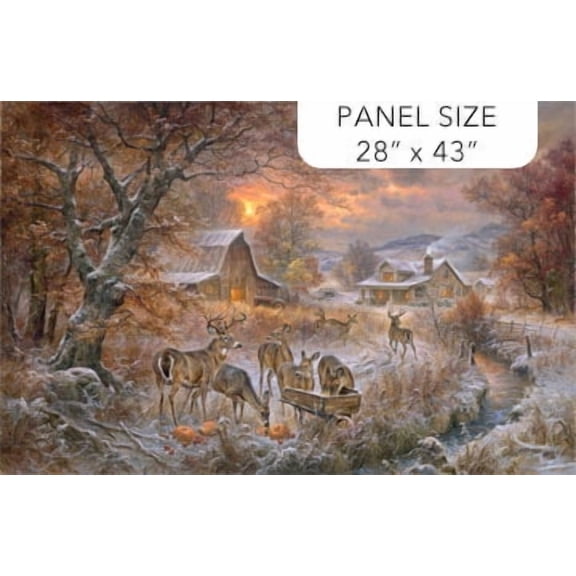 28" X 44" Panel First Frost Deer Animals Wildlife Country Barns Winter Cotton Fabric Panel (DP25380-34)