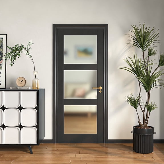 28" X 80"3-Lite Glass Door,Preassembled Frosted Glass French Door,MDF Wood Panel,for Utility Room Pantry Closet Laundry Room, Bathroom,w/o Hardware,Back