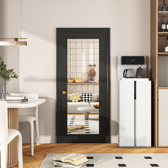 28" X 80"French Slab Door,1-Lite Mirror Solid Wood Slab Interior Doors Pre-Assembled For Pantry Laundry Closet Bathroom Black Primed Panel Door,W/O Hardware