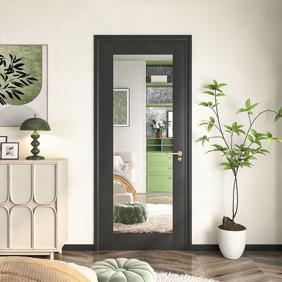 28" X 80"French Slab Door,1-Lite Mirror Solid Wood Slab Interior Doors Pre-Assembled for Pantry Laundry Closet Bathroom Black Primed Panel Door,w/o Hardware